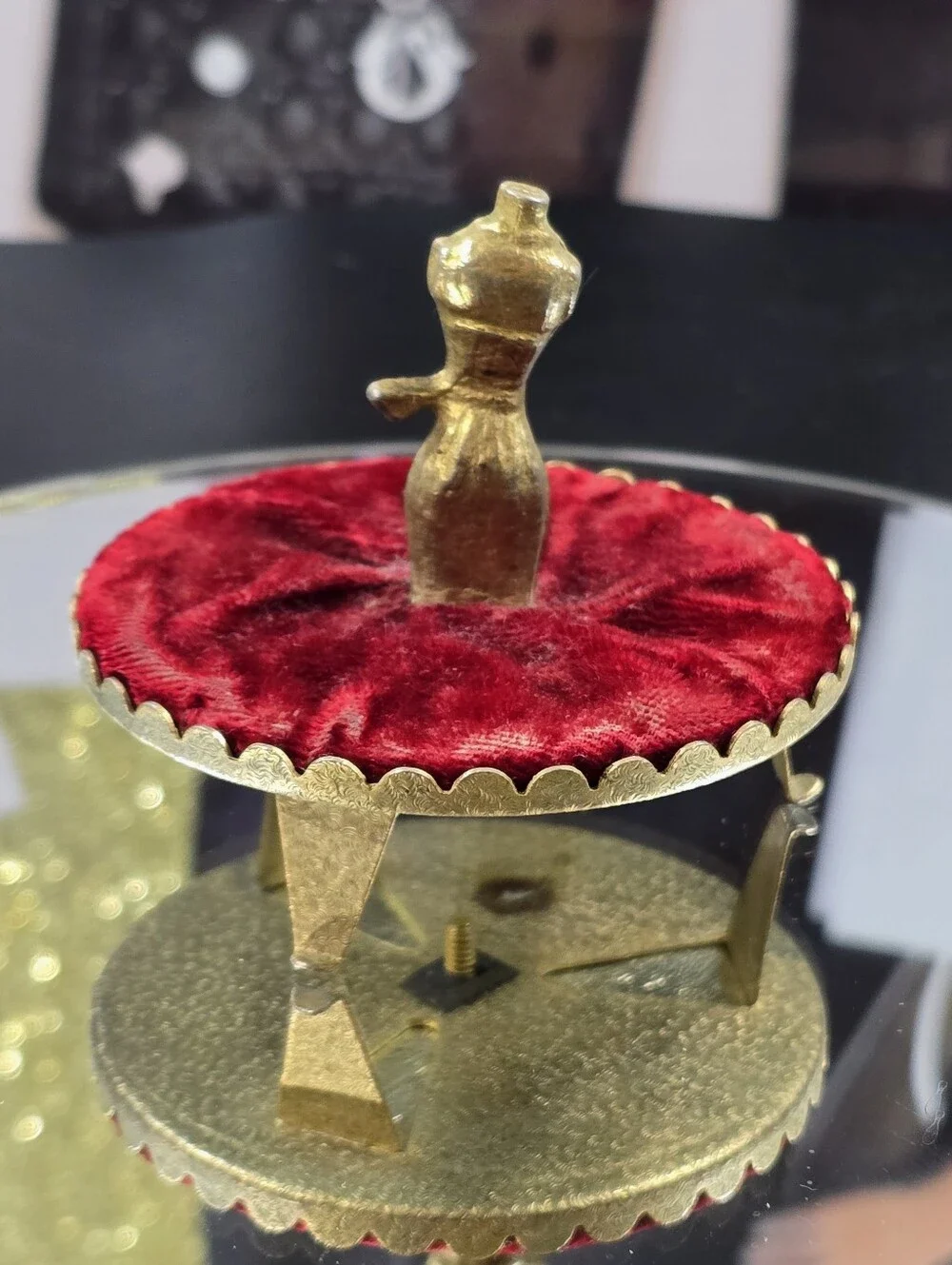 Vintage Brass Dress Form Ring Holder Pin Cushion with Red Velvet Haute Couture